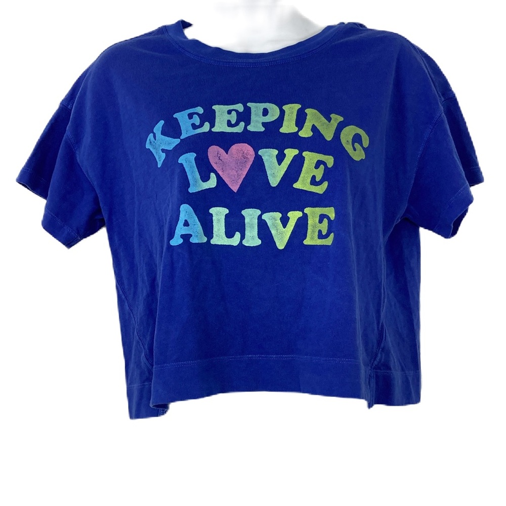 Old Navy blue shirt spell out "keeping love alive" crop top girls XL 14-16